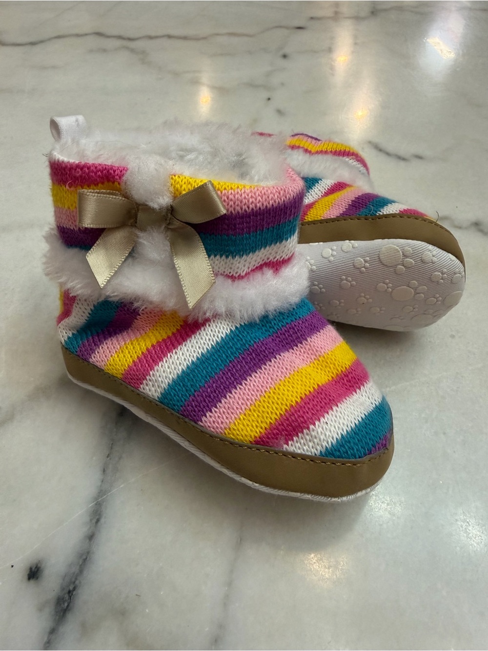Kids Multicolor Striped Cozy Booties with Faux Fur and Bow